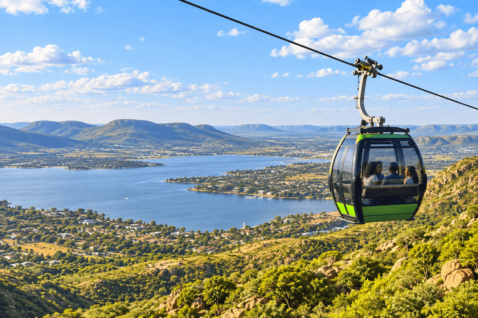 Campaign illustration of a cable car above Hartbeespoort’s lake and hills