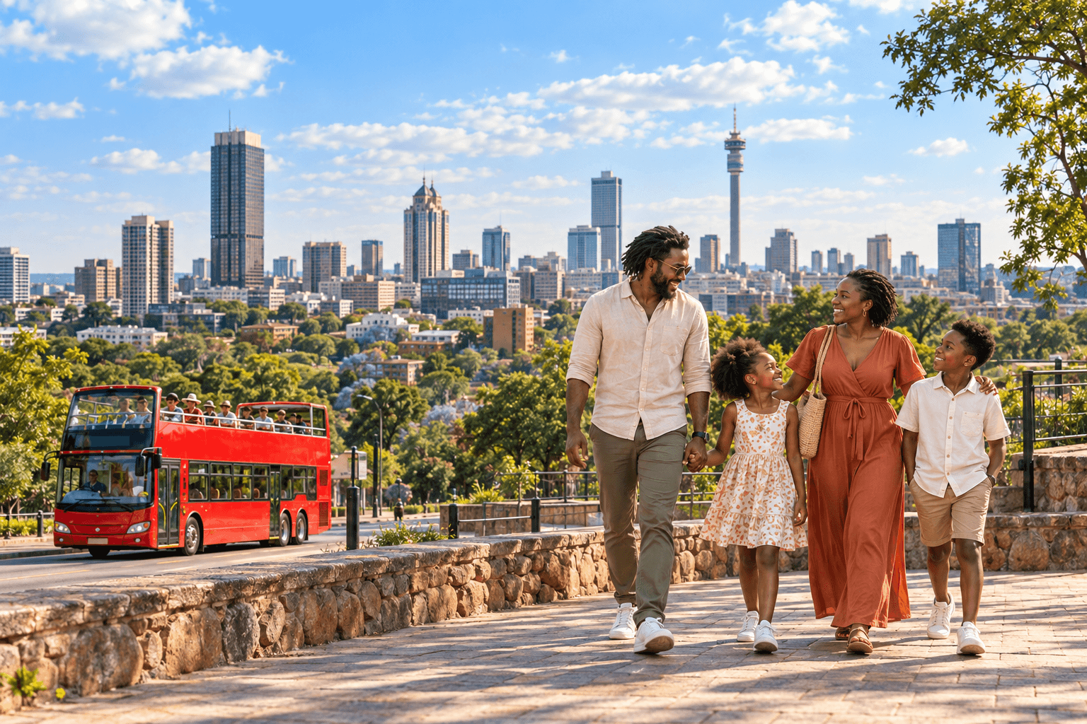 GENO campaign illustration of a family exploring Johannesburg